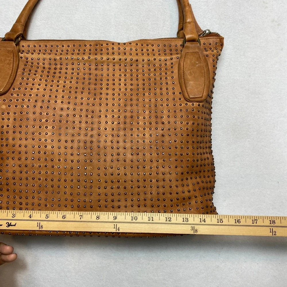 Platania Brown Leather Studded Double Handles Large Tote Shoulder Bag - Italy